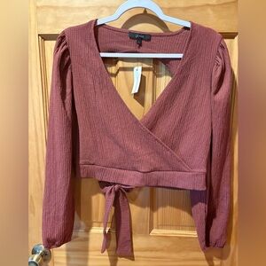 Glo Fashion London women's long-sleeve wrap top in a ribbed, dusty rose sz L